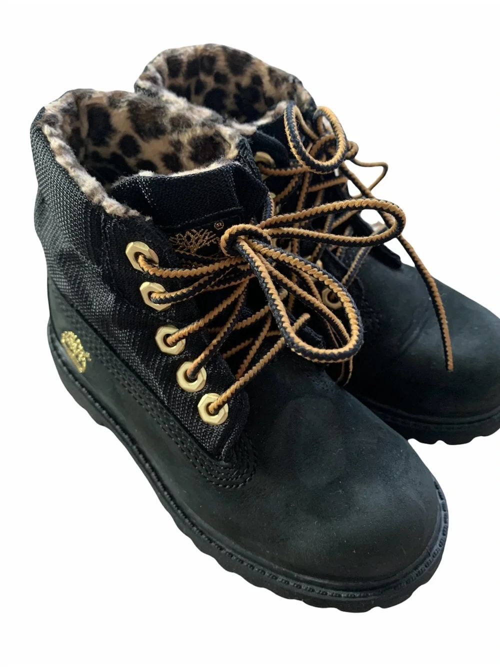 Timberland Kids Black Boots with Brown Laces and Leopard Collar Size 9